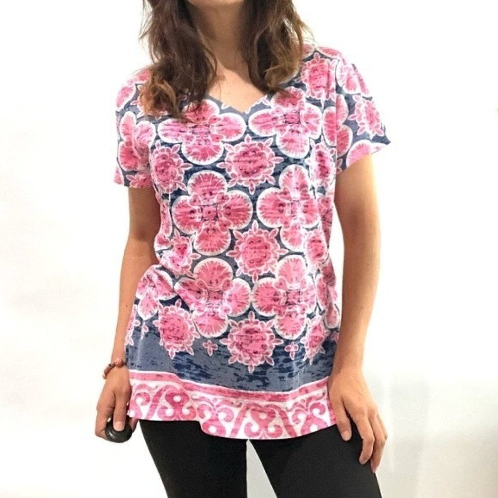 Before & Again Floral Print Short Sleeve Graphic Shirt Pink Large - Picture 3 of 10